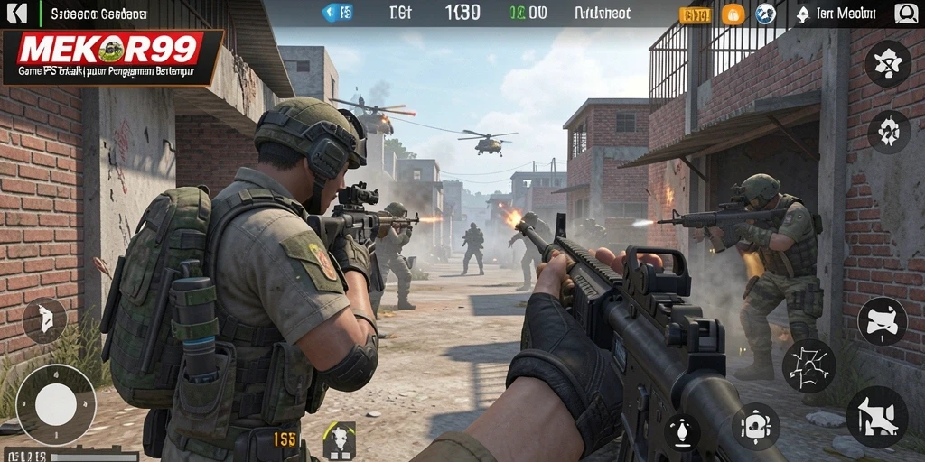 Screenshot gameplay MEKAR99 menampilkan aksi perang yang mendebarkan.