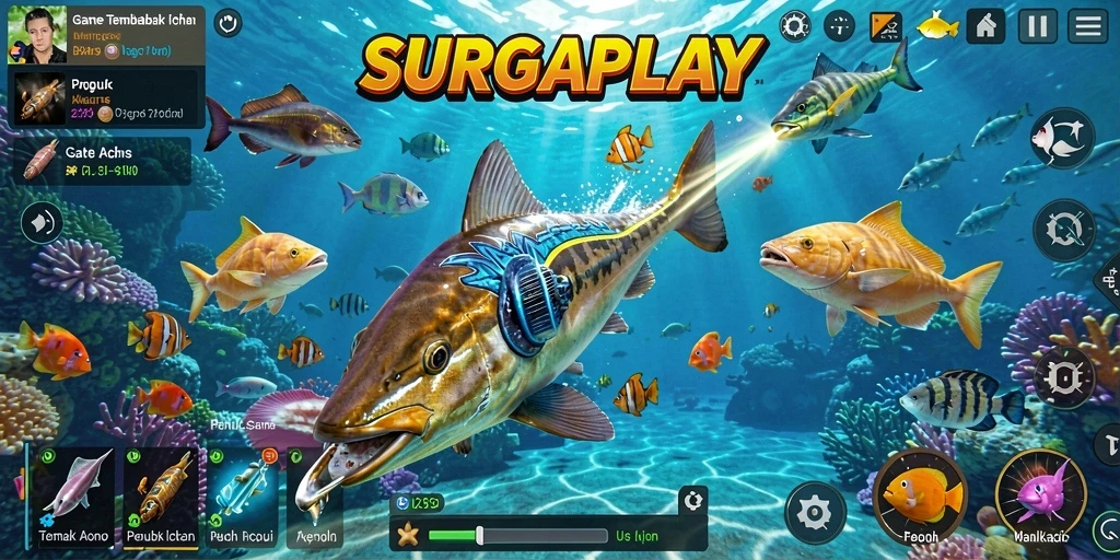 Tampilan gameplay yang seru di SURGAPLAY dengan banyak ikan warna-warni.