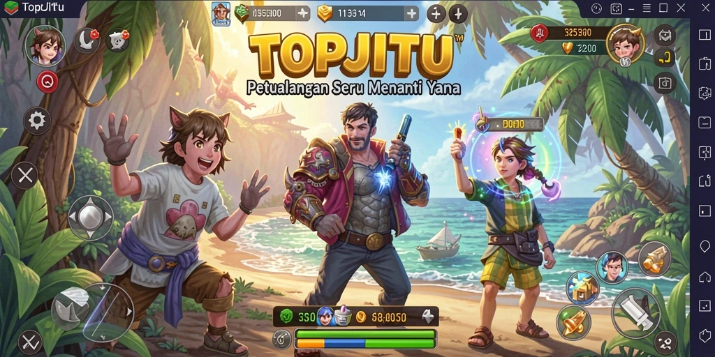 Screenshot gameplay TOPJITU menampilkan petualangan yang mendebarkan dan penuh warna.