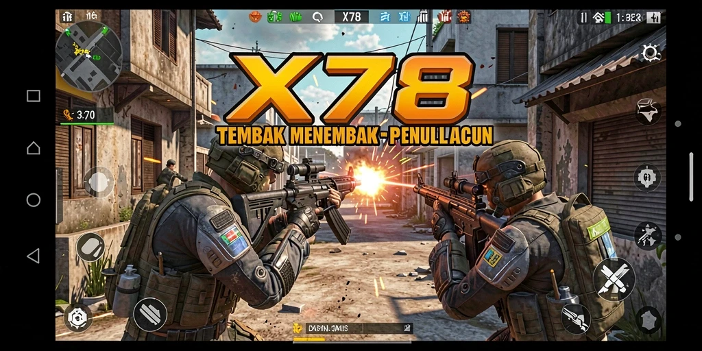 Screenshot gameplay X78 dengan aksi tembak menembak yang intens.